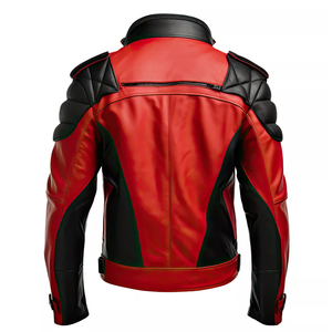Blouson de moto en cuir PU rouge et noir pour homme, style motard, col montant, fermeture éclair, coupe ajustée, longueur standard, coupe-vent - Product Image 2