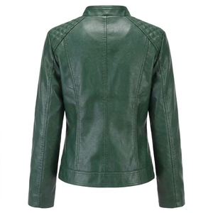 Chaqueta de Motocicleta de Cuero Sintético Verde para Mujer, Cuello Alto, Cierre de Cremallera, Hombros Acolchados, Ropa de Abrigo para Otoño - Product Image 3