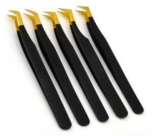 Ensemble de pinces à cils de précision Morje Surgical, manche noir, pointe dorée, acier inoxydable, 10 mm, prise fine pour extension de cils - Product Image 1