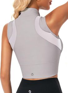 Haut de sport court sans manches pour femme avec fermeture éclair, col montant, respirant, en tricot gris, vêtement de sport actif printemps-été - Product Image 4