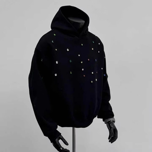 Sweat-shirt à capuche noir pour homme, orné de strass, coupe ample, en coton French Terry, pour l'automne - Product Image 4