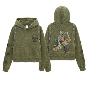 เสื้อฮู้ดซิปสีเทาสำหรับผู้หญิง ลายกราฟิกหมาป่าร้องไห้กลางคืน พิมพ์ลายแบบทำสีซีดสไตล์สตรีทแวร์ ผลิตโดยผู้ผลิตเสื้อผ้าชั้นนำ - Product Image 2