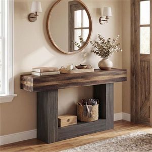 Consolle da ingresso a 2 livelli stile rustico da 160 cm con protezione anti-ribaltamento, tavolo stretto per divano, soggiorno e corridoio con spazio contenitivo - Product Image 5