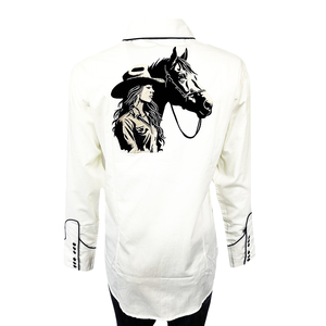 Camisa Western para Mujer, Color Crema, Cierre de Perlas, Ribete Estampado, Estilo Vaquero, Manga Larga, Bolsillo con Diseño de Dientes de Sierra, Retro, Personalizada - Product Image 3