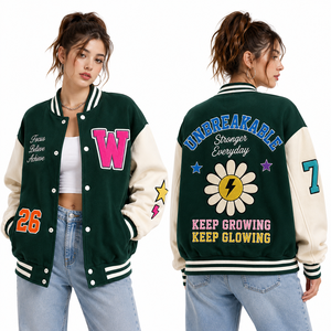 Blouson universitaire personnalisé pour femme en polaire, style baseball bomber, à rayures côtelées, avec boutons-pression, décontracté, streetwear, coupe oversize, manteau d'extérieur - Product Image 1