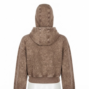 Sweat-shirt à capuche en molleton pour femme, marron délavé, coupe courte, avec fermeture éclair, logo personnalisé, streetwear - Product Image 4