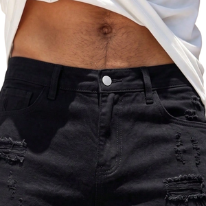 Pantalones Cortos de Mezclilla Rectos para Hombre, Negros, Desgastados, 100% Algodón, Casuales, Transpirables, de Secado Rápido, Estilo Veraniego, Largura hasta la Rodilla, para Uso Diario - Product Image 5