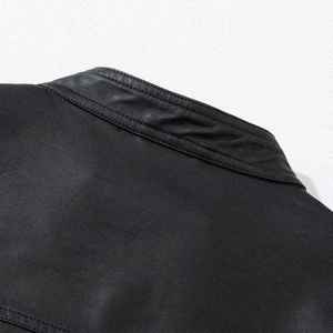 Veste en cuir véritable pour homme, col montant, fermeture éclair, coupe ajustée, style motard, vêtement d'hiver, imperméable et coupe-vent - Product Image 2