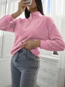 Sudadera de mujer con media cremallera, estampada en rosa, de algodón polar transpirable, holgada, con hombros caídos, estilo casual, para otoño. - Product Image 5