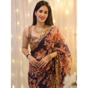 Saree en organza violet à imprimé floral avec chemisier Robe de soirée de fête - Product Image 5