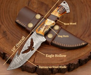 Cuchillo de acero de Damasco con hoja de corte tipo Drop Point y funda de cuero personalizada. - Product Image 4