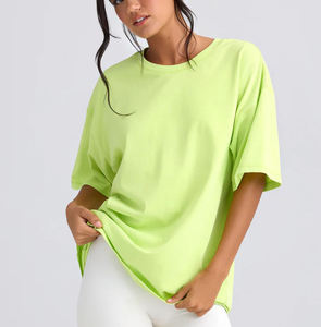 New Arrival 2026 <b>Women's</b> Oversized Crew Neck Short Sleeve T-<b>Shirt</b> Solid Color <b>Neon</b> Green 100% Cotton Breathable Loose Fit Spring - Product Image 2
