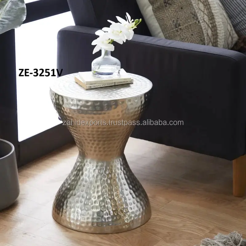 Home Decor Contemporary Metal Hourglass-Shaped Accent Table with Hammered and Visible Dimple Patterns