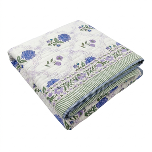 Couette et couvre-lit réversibles faits main en coton Jaipuri Razai, imprimés à la main par blocs floraux, motif botanique - Product Image 1