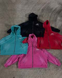 Pink <b>Cropped</b> <b>Hoodie</b> <b>Zip</b>-<b>Up</b> Oversized Fleece Sweatshirt Rhinestone Embellished Front Logo Casual Autumn Wear Streetwear <b>Hoodie</b> - Product Image 5
