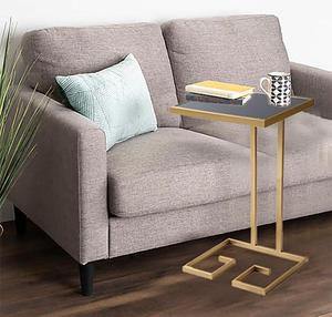 Modern Brass <b>Side</b> <b>Table</b> With Geometric Base <b>Rectangle</b> Metal Living Room Furniture Decor Indoor Accent Piece - Product Image 1