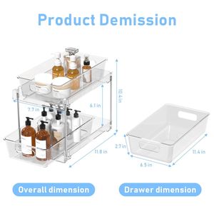 Lot de 2 organiseurs coulissants sous l'évier, 2 niveaux, transparents, empilables, pour rangement de meuble sous évier ou comptoir de salle de bain - Product Image 3