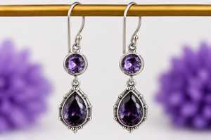 Pendientes Colgantes de Amatista Púrpura, Joyería Boho con Piedras Preciosas, Hechos a Mano, Regalo de Boda o Compromiso para Ella, Chapados en Plata de Ley - Product Image 3