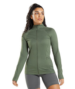 Chaqueta de yoga para mujer, personalizada por el fabricante, de ajuste ceñido, de secado rápido, con cremallera completa, cuello alto, orificios para los pulgares, abertura frontal, para correr y gimnasio, que realza la figura. - Product Image 1
