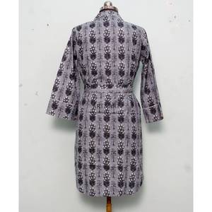 Indian Handmade Thermal Lightweight Winter Bathrobe Boho Floral Cotton Kimono with Bird Print Woven Fabric long shirt with <b>belt</b> - Product Image 6