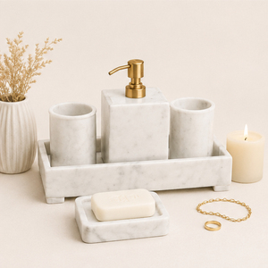 Ensemble d'accessoires de salle de bain en marbre blanc naturel 5 pièces avec pompe en laiton doré, articles de luxe faits à la main pour hôtel, décoration moderne pour la maison - Product Image 6