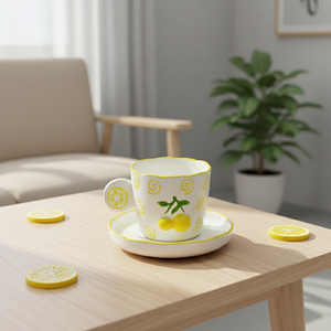 Taza y Platillo de Porcelana Fina de Primera Calidad 3460984B-0.2, con Estampado de Limón Amarillo y Espiral - Product Image 3