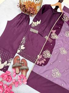 Ensemble Salwar Kameez traditionnel indien pakistanais pour femmes, violet, brodé, en polyester, longueur cheville, tenue décontractée, coupe régulière - Product Image 5