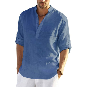 Chemise décontractée pour homme, blanche unie, écologique, col en V, manches longues, respirante, en coton, pour l'été - Product Image 5