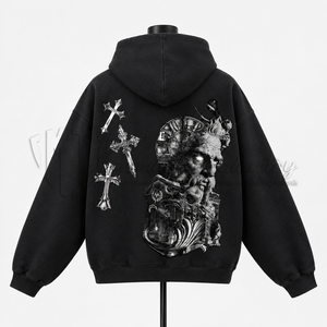 Men's <b>Black</b> Gothic Hooded <b>Sweatshirt</b> Oversized Cotton Fleece Cross Print Left Sleeve Pocket Design Autumn Streetwear - Product Image 2