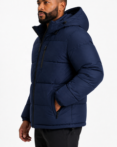 Veste matelassée bleu marine pour homme avec capuche, col montant, fermeture éclair, coupe-vent, vêtement d'hiver décontracté, coupe régulière, matière polyester - Product Image 3