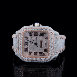 Montre automatique mécanique pour homme, chiffres romains, bicolore or rose, carrée, entièrement sertie de pierres, de luxe, style Hip Hop, bijou - Product Image 1
