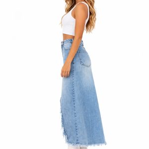 Jupe longue en jean taille haute pour femme, style vintage, avec fente avant, jupe longue en jean ouverte sur le devant, jupes imprimées personnalisées pour femme - Product Image 4