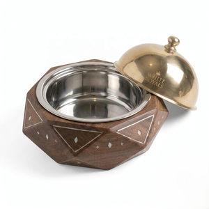 Olla octogonal de madera con incrustaciones y tapa de acero inoxidable en tono latón, calentador de alimentos geométrico con nácar - Product Image 3