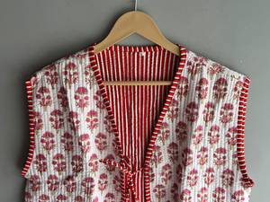 Floral <b>Quilted</b> Cotton Vest Reversible Striped <b>Pattern</b> Short Sleeve <b>Jacket</b> for Women Spring GIFT FOR HER - Product Image 2