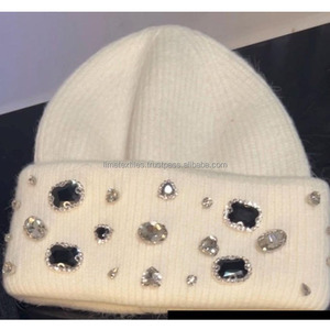 Wholesale Custom Winter Cuffed Knitted <b>Hats</b> Solid Color Unisex Luxury Rhinestones <b>Beanie</b> <b>Hats</b> 100% <b>Wool</b> - Product Image 2