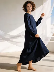 Robe longue en coton et lin bleu marine pour femmes, coupe ample, manches longues, col rond, robe décontractée bohème - Product Image 5