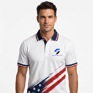 Polo de Manga Corta Blanco para Hombre con Estampado de Bandera Americana, Diseño Deportivo, Corte Regular, Transpirable, Poliéster - Product Image 2