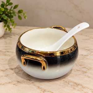 Juego de Tazones de Porcelana con Degradado Blanco y Negro, Duraderos, con Asas Doradas, para Decoración de Fiestas, Sopa, Aperitivos, Postres, con Cucharas - Product Image 2