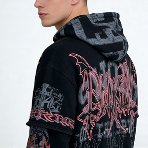 Sweat-shirt à capuche zippé noir surdimensionné pour homme avec imprimé gothique rose, design streetwear, coupe classique, en coton tricoté, pour l'automne - Product Image 6