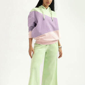 Sudadera con Capucha para Mujer, Diseño Color Block, Verde Pastel, Morado, Rosa, Corte Holgado Informal, Mezcla de Algodón - Product Image 5