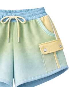 Ensemble décontracté deux pièces pour femme, comprenant un sweat à capuche court zippé et un short cargo, color block jaune, menthe et bleu, en polyester et coton, vente en gros - Product Image 6