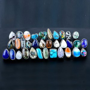 All Natural Cabochon Gemstone <b>Adjustable</b> <b>Ring</b>: 925 Sterling Silver Plated Mix Shape Vintage Jewelry - Product Image 4