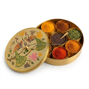 Meenakari Enamel Work Brass Masala <b>Box</b> – Round Spice <b>Storage</b> for Gourmet Spices - Product Image 5