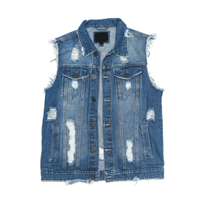 <b>Men's</b> <b>Light</b> Blue Denim Vest Turn-down Collar Single Breasted Frayed Casual Washed Cotton Spring Style - Product Image 1