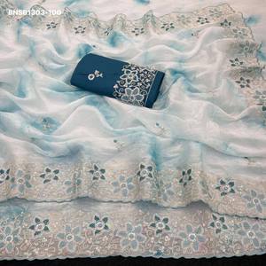 Dernière collection de saris et chemisiers en tissu Butti et bordure brodés de fils et de paillettes, motif Gold Crush, fournisseur d'Inde - Product Image 6