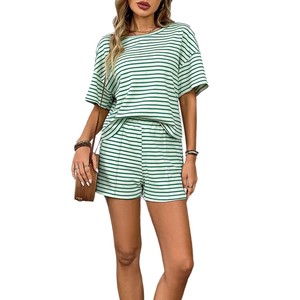 Women's Summer New <b>Knitted</b> Round Neck Short Sleeved Shorts Striped <b>Set</b> Fashionable Casual Short Sleeved Shorts Sports <b>Set</b> - Product Image 1