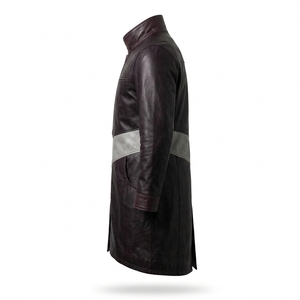 Manteau en cuir véritable gris prune pour homme, avec ceinture chevron personnalisée, col montant, fermeture éclair centrale, style trench, fabricant B2B - Product Image 4