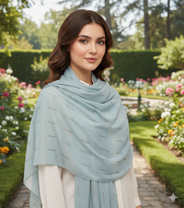 Hiyab Premium Azure Serenity de Chifón - Envoltura Azul Suave con Detalles de Lentejuelas Doradas y Tela Transpirable para Uso Formal y Diario - Product Image 1