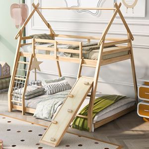 Letto a castello naturale a due piani (twin over queen) con reti di sicurezza e rampa per bambini - Product Image 1
