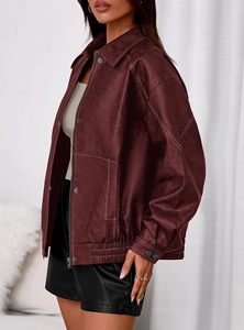 Veste moto en cuir véritable rouge pour femme, manches longues, fermeture éclair, col montant, style automne - Product Image 4
